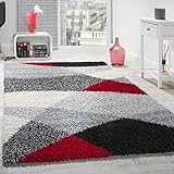 Paco Home Shaggy Teppich Hochflor Langflor Weich Geometrisch Gemustert Grau Schwarz Rot, Grösse:160x220