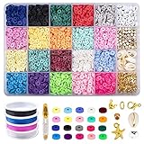 Fengaim 4000Pcs 20 Farben 6mm Tonperlen Flache runde Perlen für Schmuckherstellungsset Heishi-Perlen aus Fimo mit Anhänger Charms Kit 4 Rollen elastische Saiten für Böhmen Armbänder Halskette Ohrring