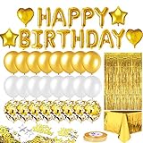 iZoeL Geburtstagsdeko Rosegold Blau Gold Happy Birthday Girlande 24 Konfetti Ballons Tischdecke Glitzer Vorhang Konfetti (Gold)