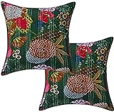 Schicker dekorativer Bezug im Bohemian-Stil, Hippie-Stil, Sofakissen, handgefertigt, Kantha-Baumwolle, Überwurf, Boho-Kissenbezüge (Mehandi-Grün, 50,8 x 50,8 cm)