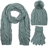 styleBREAKER Schal, Mütze und Handschuh Set, Zopfmuster Strickschal mit Bommelmütze und Handschuhe, Damen 01018208, Farbe::Grau / Schal (One Size)