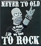 Patches Aufnäher für Heavy Metal & Biker Rockabilly Never to Old to Rock Rocker Aufbügler Flicken Stoff Abzeichen DIY aufbügeln Aufkleber Applikation Jeans Kleidung Homer Simpson Iron on Patch 90x80