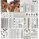 URAQT Flash Tattoos, 20 Blätter Metallic Temporäre Tattoos, Gold Wasserdicht Tätowierung Aufkleber für Schultern Arme Brust Rücken Beine, 300 Desig