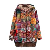 Damen Hoodies Plüschfutter Fleece Pullover Ethnisches Muster Pullover Vintage Kapuzenjacke Retro Sweatjacke Casual Lose Kapuzenpullover Farbblock Langarm Shirts Offene Front Knop