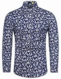 fohemr Herren Bunte Hemd Blumen Muster Langarm Hemd Mehrfarbig Slim Fit Floral Print Shirts 100% Baumwolle Navy Geblümt Druck X-Larg