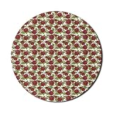 Runde Mausmatte, ziegelfarbenes Mauspad für Computer, romantisches botanisches Muster mit dunklen, rostfarbenen Rosen und Blättern, rundes, rutschfestes modernes Mousepad aus Gummi, hellgrünes und w