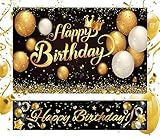 Happy Birthday Hintergrund Banner 2 Stück groß schwarz und gold Happy Birthday Schild Geburtstag Fotografie Supplies Indoor Outdoor Geburtstag Party Dekorationen für Kinder Männer Frauen F