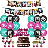 32 PCS Happy Birthday Tortendeko, Squid Game Geburtstagsgirlande, 2021 Hot South Korea Squid Game Happy Birthday Girlande, Banner Cake Toppers Dekorationen für Geburtstag Party Dek