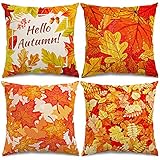 Whaline Hello Herbst Kissenbezug Herbst Ahornbl?tter Kissenbezug Herbst Kissen Dekorative Dekokissen Herbstlaub Leinen Kissenbezug f¨¹r Zuhause Schlafsofa Couch Thanksgiving, 46 x 46, 4er S