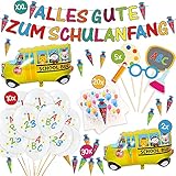 TEDORU XXL Deko Set zur Einschulung/Schulanfang/Erster Schultag für Jungs und Mädchen | Girlande + 2 XXL Folienluftballons + 10 Luftballons + 20 Servietten + Foto-Requisiten-Set + Schultü