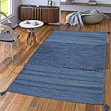 TT Home Handwebteppich Wohnzimmer Natur Webteppich Kelim Modern Baumwolle Streifen Blau, Größe:60x110
