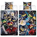Biber Kinder-Wende-Bettwäsche Lego Ninjago Movie Battle 135 x 200cm + 80 x 80cm 100% Baumwolle Cole Jay Kai Lloyd Zane Nya Misako Sensei Wu Flanell deutsche Größe 2 Vollmotive mit Reiß
