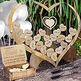 A N Gästebuch Hochzeit mit Holzherzen Hochzeitsdeko Set inkl. 80 Stück Herzen aus Holz zum Beschriften, 20 Stück Herzballons, 2 Marker-Stifte, Aufbewahrungsbox, Geschenk für Geburtstag Babyparty