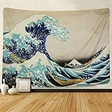 Sunm Boutique Wandteppich Wandteppich, Motiv The Great Wave Off Kanagawa Katsushika Hokusai Thirty-six Views Mount Fuji Wanddekoration für Zuhause, Kanagawa, 59.1' x 82.7'