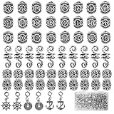 YMHPRIDE 60 Stück Wikinger Bart Perlen Antike nordische Haarschlauch Perlen Dreadlocks Perlen für Haar Flecht Armband Anhänger Halskette Silber DIY Schmuck Haarschmuck