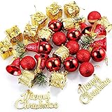 Amacoam Weihnachtskugeln Kunststoff Mini Weihnachtskugeln Weihnachtsbaumschmuck Rot Gold Klingelglocken Trommel Schleife Anhänger Baumkugeln Weihnachtsbaum Deko Weihnachtsdeko 32 Stück