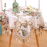 Runde/Quadratische Tischdecke im europäischen Stil mit Quaste bestickter Tischdecke für Hochzeitsdeko Weihnachten Runde Tischdecke,A,130x130cm Q