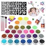 Glitzer Tattoo Set Kinder, 30 Farben Glitzertattoos, Glitzer Make Up Kit für Kinder, Mädchen, Erwachsene, 145 Schablonen, 2 Kleber, 4 Pinsel, DIY Körper Flash Tattoos für Party Weihnachtsgeschenk