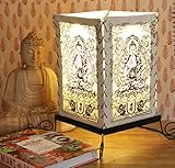 GURU SHOP Lokta Papier Tischlampe, Eckige Tischleuchte - Buddha Mandala Weiß, Metall, 35x20x20 cm, Asiatische Tischlamp