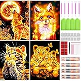 BOTOCO Diamond Painting Set, 4er Tiere Diamant Painting Bilder: Katze Tiger Fuchs Wolf, 5D DIY Diamant Malerei Kinder Erwachsene Daiments Painting Bilder für Home Wall Décor(30×40cm)