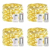 Lichterkette Batterie - 4 Stk, 100 LED Lichterkette 10m 8 Modi Fernbedienung, Timer Lichterkette Draht, Warmweiß Dimmbar Lichterkette Akku, Halloween Lichterkette Batteriebetrieben W