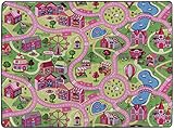 Spielteppich mit Straßen - Sweet City, 140x200 cm, Pflegeleicht, Fußbodenheizung Geeignet, Spielmatte, Rosa Auto-Kinderteppich für M