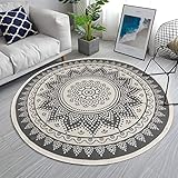 SHACOS Vintage Teppich Rund 160cm Grau Baumwollteppich Rund Waschbar Teppich Mandala mit Quasten Handgewebt Teppich Groß für Wohnzimmer, S