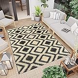 carpet city Outdoor-Teppich Schwarz Beige - 120x170 cm - Retro-Look Rauten-Optik - Aussenbereich Garten Balkon Wasserfest - Wetterfeste Balkonteppiche Terrassentepp