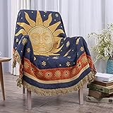 Sonne und Mond Tagesdecke mit Fransen,Doppelseitig Baumwoll Gewebt indianer decke 130X 180CM - Eignet Sich als Couchdecke bettüberwurf Sesseldecke und auch als sofaüberwurf,Gelb/B