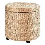 HOMCOM Sitzhocker mit Stauraum, Fußhocker, Fußstützen Hocker, Aufbewahrungsbox, Deckel Abnehmbar, Stroh Rattan, Khaki, Ø43 x 43