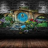 QZWXEC 5 Teilig Leinwand Bilder Kunstdruck Lord of The Rings Hobbiton Film Modern HD Poster Panel 5 stück Lein wandbild,Wohnzimmer Büro Home Dekoration,Holzrahmen Gesamtgröße: (150x80cm)