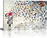 Banksy Bilder Leinwand Butterfly Girl Graffiti Street Art Leinwandbild Fertig Auf Keilrahmen Kunstdrucke Wohnzimmer Wanddekoration Deko XXL 60x80cm(23.6x31.5inch)