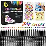 Gifort Textilmalstifte, 24 Farben Stoffmalstifte, Waschmaschinenfeste Textilmarker Nicht Giftige Permanent Marker für Bastelgeschenke, DIY T-Shirts, Jeans, Schuhe, T