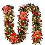 Weihnachtskranz mit LED Lichterkette Beleuchtung 270cm Weihnachtsgirlande künstlich Weihnachten Girlande Weihnachtsdeko Weihnachten, Türkranz Innen und Außen (rot)