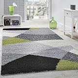 Paco Home Shaggy Teppich Hochflor Langflor Weich Geometrisch Gemustert, Grösse:140x200 cm, Farbe:Grü