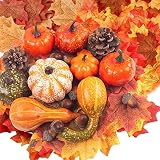 Herbstdeko Kürbis, Mini Kürbisse Deko Set Halloween Künstliche Kürbisse ZierküRbis Deko Herbst Tisch, Pumpkin Decor Herbstdeko Blätter für Thanksgiving Party Dek