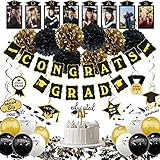 Zerodeco Abschlussfeier Party Dekoration, Schwarz Gold Congrats Grad Banner Abschluss Bilderrahmen Banner Pompoms Abschluss Spiralen Konfetti Kuchen Topper für Studium Universität Hochschule Ab