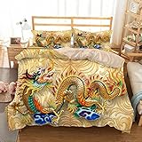 Meimall Bettwäsche Golden Tier Drache 240X200 cm 3D Moderne Bettwäsche, Mikrofaserset, Einzelbett, Doppelseitige Bettwäsche, Bettbezug Und Kissenbezug Reiß