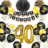 40. Geburtstag Deko Schwarz Gold, TOPLDSM Luftballons 40 Geburtstag, Geburtstagsdeko 40 Jahre Party Deko mit Happy Birthday Girlande,Pompoms, Folienballon Zahl 40,Konfetti Ballon für Frauen M