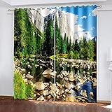 DRFQSK Vorhang Blickdicht Vorhänge Verdunkelungsvorhang Gardinen Mit Ösen Wohnzimmer Schlafzimmer Thermovorhang 3D Felsiger Bach Mit Blauem Himmel Muster Ösenschal 2Er Set Fensterdekoration 270 X 150