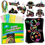 Kratzbilder für Kinder Mädchen Spielzeug , 46 Pcs Magie Regenbogen Kratz Zeichenpapier Bastelset with 5 Schablonen 10 Holzstiften, Jungen Mädchen Spielzeug Geschenke ab 3 4 5 6 7 8 9 10 11 J