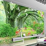 Benutzerdefinierte Wandbild Tapete Grüner Baum Wald Hirsch Tapeten Wohnkultur Moderne Wohnzimmer Schlafzimmer 3D Fototapete Wandmalerei 300Cm(W)×210Cm(H)