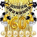 60 Geburtstag Dekoration Schwarzes Gold, 60 Geburtstag Dekoration Set, Geburtstag Party Deko mit Happy Birthday Banner Konfetti Luftballons Herz Folienb