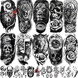 COKTAK 22 Blatt 3D Groß Temporäre Tattoos Männer Frauen Erwachsene, Tribal Löwe Krieger Tiger Wolf Blumen Schädel Fake Tattoo Aufkleber Halloween, Schwarz 3D Realistisch Tatoo Rose Tiere Herren D