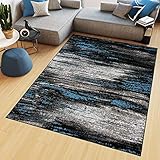 TAPISO Maya Teppich Kurzflor Modern Verwischt Meliert Streifen Design Schwarz Grau Blau Weiß Wohnzimmer Schlafzimmer ÖKOTEX 200 x 250