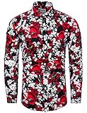 fohemr Herren Blumen Hemd Langarm Bunte Hawaii-Print Hemd Mehrfarbig Muster Slim Fit Shirts 100% Baumwolle Rot Blumen Print M