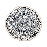 Mandala Teppich Rund Baumwolle Teppiche mit Quasten rutschfest Abwaschbar Teppiche Handgewebte schicke böhmische Bedruckte Muster-Baumwollteppich 90CM für Wohnzimmer S