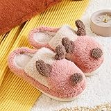 Perferct Hausschuhe Damen Feste Sohle-Fluffy PlüSch Schlappen Indoor/Outdoor Anti-Rutsch-FüR Indoor Outdoor-VerschleißFeste Baumwollpantoffeln Mit Cartoon-Elch,Rosa,42-43