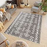 TAPISO Boho Fringes Teppich Shaggy Hochflor Langflor Modern Fransen Inka Muster Ethno Design Weich Dunkel Grau Creme Wohnzimmer Schlafzimmer ÖKOTEX 160 x 220