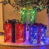 DELICHTER LED Weihnachtsdeko, 3× Rot/Grün/Blau Geschenkbox mit schleifen Weihnachtsbeleuchtung für Innen,zimmer,Wohnung beim Tannenb